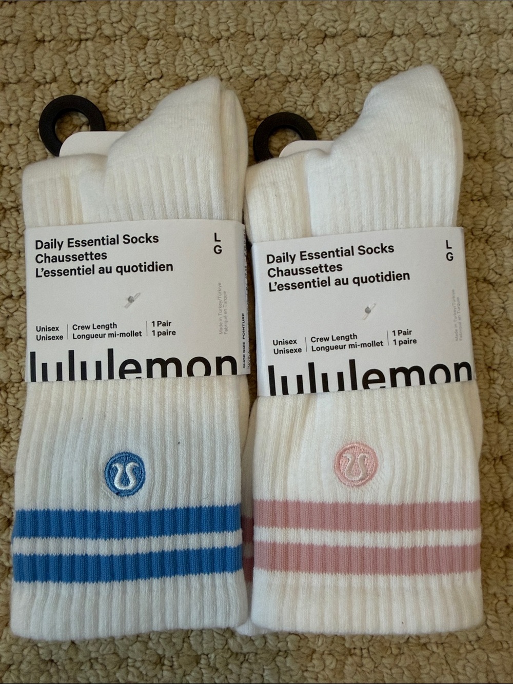 lululemon Daily Essential Socks - White with Blue & White with Pink Stripe